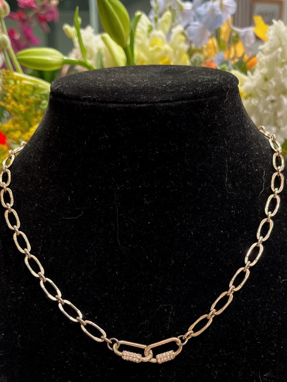 Gold Paperclip Chain Link Necklace with Pave Crystal Links- Women Jewelry